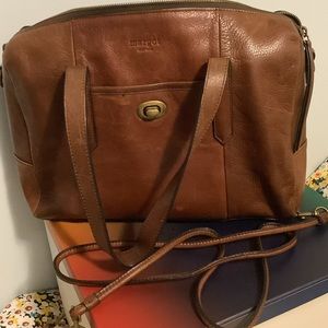 Buttery soft brown leather Margot tote with crossbody strap.